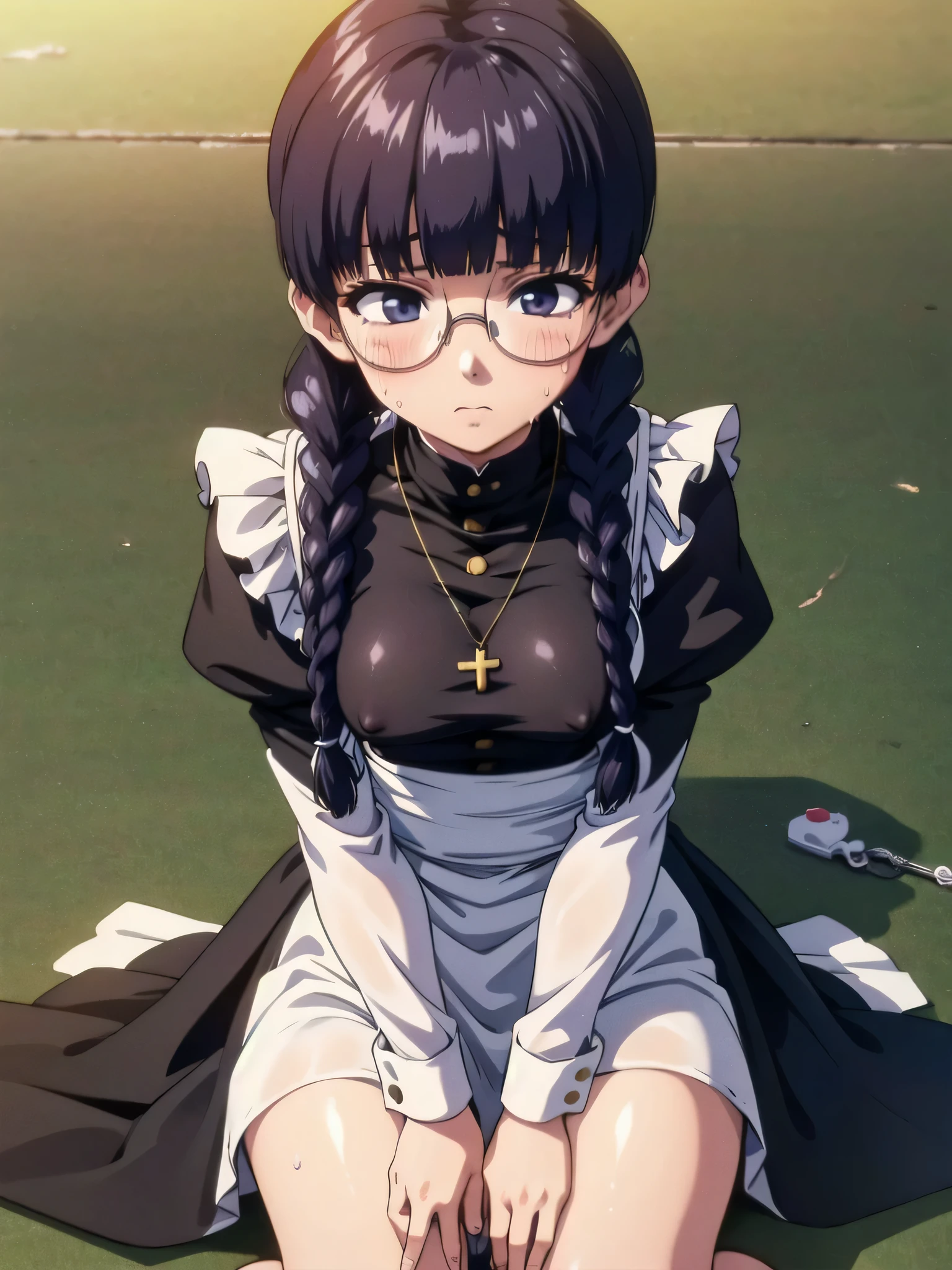 Roberta、Group、Twin braids、Glasses、gem、maid、Opaque Glasses、necklace、frills、apron、Crosaid headdress、crossnecklace、long hair、long sleeve、bangs、Round Glasses、black hair、one girl、solo、Expression of feeling、blush、nipples are visible、sit with your legs apart、clothes get wet、Clothes are transparent、long skirt、spread legs、pussy、Mushy white love juice、Drip a large amount of love juice、orgasm、、、、6 years old、、 of、masturhavior