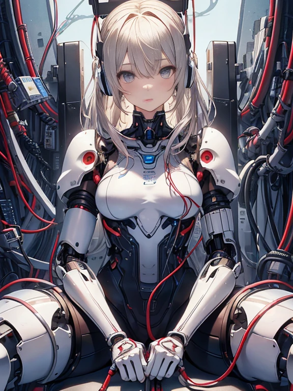 NSFW, (((masterpiece)))、(((highest quality)))、((Super fine))、(Detailed CG illustration)、((very delicate and beautiful))、(Delicate and cute face)、cinematic light、((1 Mechanical Girl))、solo、Full body Esbian、(highest qualityのイラスト:1.2), (pretty girl:1.1), (1 girl, solo:1.5), (1 girl、18-year-old、beautiful breasts:1.5、highly detailed eyes:1.2)、(beautiful breasts:1.1)、Cyborg Machine Main Body、positive、white cyber suit、perfect fit、black haired、brown hair、silver hair、blonde、blue hair、blue eyes、brown eyes、red eye mechanical joint:1.4)、((mechanical limbs))、(blood vessels connected to tubeechanical spine attached to back))、((mechanical cervical vertebrae)attached to the neck))、((Sitting on a chair on a machine))、No expression、(Wires and cables attached to head and body:1.5)、(character focus)、nffsw、Under maintenance、Touching the whole body with a mechanical arm
