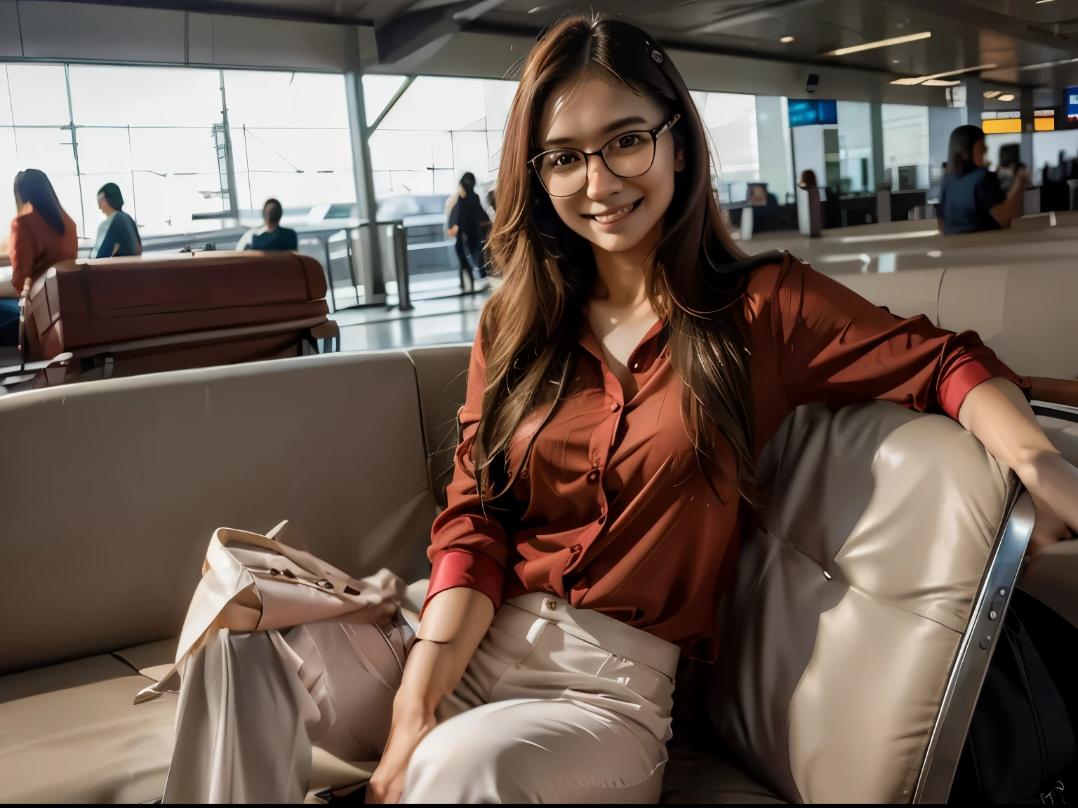 Create a photorealistic image of a Malaysian woman 30. She has long hair and glasses. She is seated at an airport wearing a red blouse and long white pants. Beside her is carry on baggage. She is smiling for the photo.