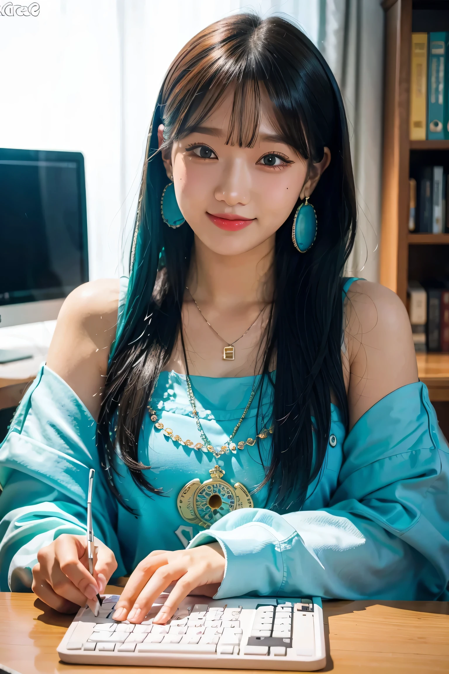 Masterpiece, best quality, very detailed, illustration,(1 girl),Beautifully detailed eyes, look at viewer, (holding a computer keyboard), be happy, (turquoise hair:1), (round blue eyes:1), (round earrings), (Large Turquoise Gem Necklace), cute round face, long hair, smile, fantasy chinese clothes