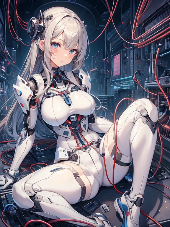 NSFW, (((masterpiece)))、(((highest quality)))、((Super fine))、(Detailed CG illustration)、((very delicate and beautiful))、(Delicate and cute face)、cinematic light、((1 Mechanical Girl))、solo、Full body Esbian、(highest qualityのイラスト:1.2), (pretty girl:1.1), (1 girl, solo:1.5), (1 girl、18-year-old、beautiful breasts:1.5、highly detailed eyes:1.2)、(beautiful breasts:1.1)、Cyborg Machine Main Body、positive、white cyber suit、perfect fit、black haired、brown hair、silver hair、blonde、blue hair、blue eyes、brown eyes、red eye mechanical joint:1.4)、((mechanical limbs))、(blood vessels connected to tubeechanical spine attached to back))、((mechanical cervical vertebrae)attached to the neck))、((Sitting on a chair on a machine))、No expression、(Wires and cables attached to head and body:1.5)、(character focus)、nffsw、Under maintenance、Touching the whole body with a mechanical arm