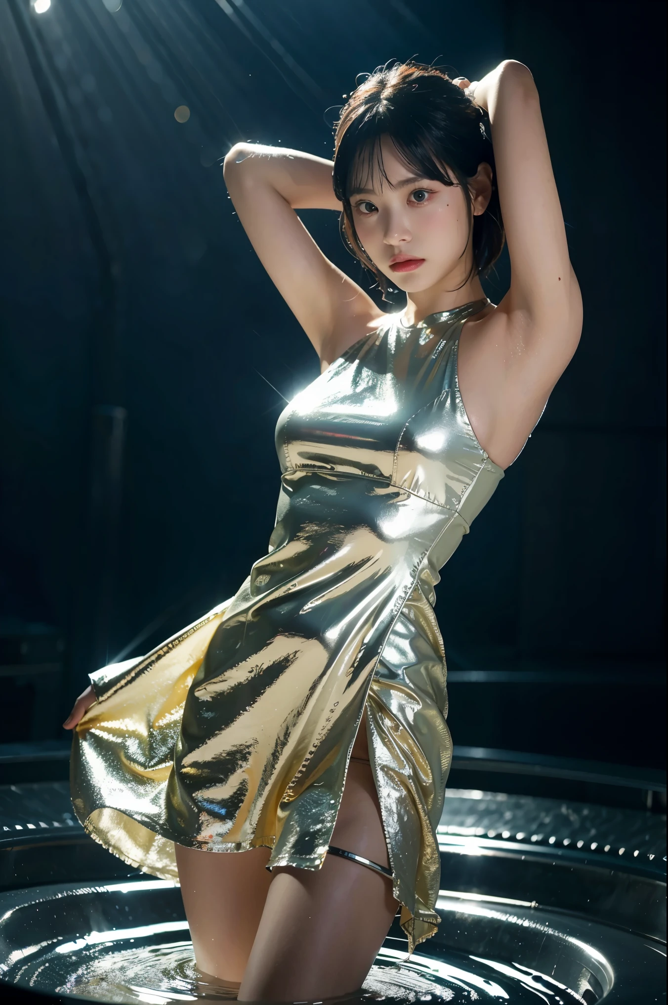 best quality, masterpiece, realistic, 1girl,  metallic dress, messy [updo|hanging] hair, (full body:0.6), solo, (full body:0.6), looking down, detailed background, detailed face, Sc3pt4, sci-fi theme:1.1), mercury-wizard, melancholic, surrounded by waves of iridescent silver, alchemical imagery, reflections, silver-colored fluid, metallic sheen, shiny, dynamic pose, fluid movement, floating particles, droplets of mercury, flowing metal, blending mercury, a foreign planet in the background, dripping mercury formations, volumetric lighting, cinematic atmosphere, sharp details, high detail skin, realistic skin texture, 