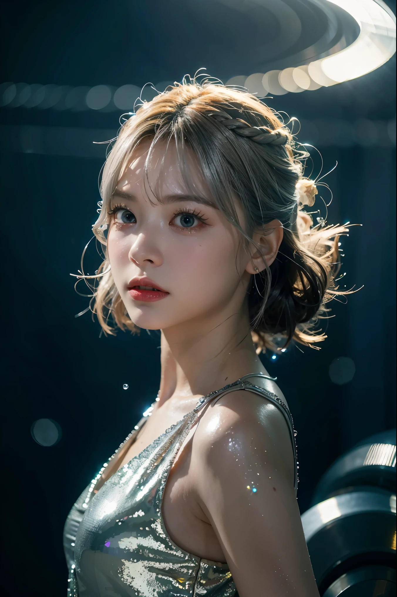 best quality, masterpiece, realistic, 1girl,  metallic dress, messy [updo|hanging] hair, (full body:0.6), solo, (full body:0.6), looking down, detailed background, detailed face, Sc3pt4, sci-fi theme:1.1), mercury-wizard, melancholic, surrounded by waves of iridescent silver, alchemical imagery, reflections, silver-colored fluid, metallic sheen, shiny, dynamic pose, fluid movement, floating particles, droplets of mercury, flowing metal, blending mercury, a foreign planet in the background, dripping mercury formations, volumetric lighting, cinematic atmosphere, sharp details, high detail skin, realistic skin texture, 