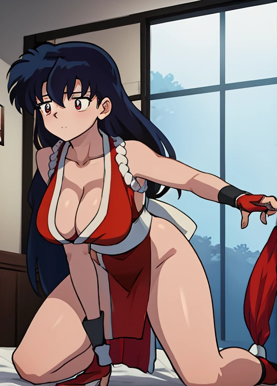 masterpiece, best quality, Kagome Higurashi, Mai Shiranui, 25 years old, kunoichi dress, large breasts, matured face, cleavage, big breast, very busty, big hips, full body view, athletic body, She stands tall while wearing a red Kunoichi dress, pelvic curtain, arm guards and gloves. she's looking directly at the camera with a worried look and confused expression. BREAK indoors, bedroom
