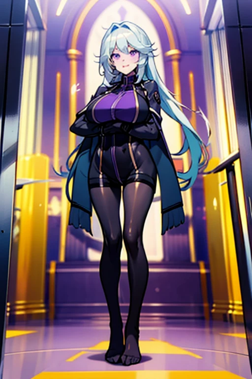 1 girl with blue hair and purple eyes, Schwarze Strumpfhose, Stehen, big breast, neckisch, dicke Oberschenkel, lange Beine, black full body stocking underneath, long hair, no shoes, beautiful face