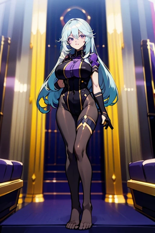 (artwork, best quality) a girl with long blue hair, blue eyes, blue eyelashes, black dress, big breasts, smiling, in a golden mansion at night, perfect body, 4k hd, bare legs, beautiful smile, pretty eyes