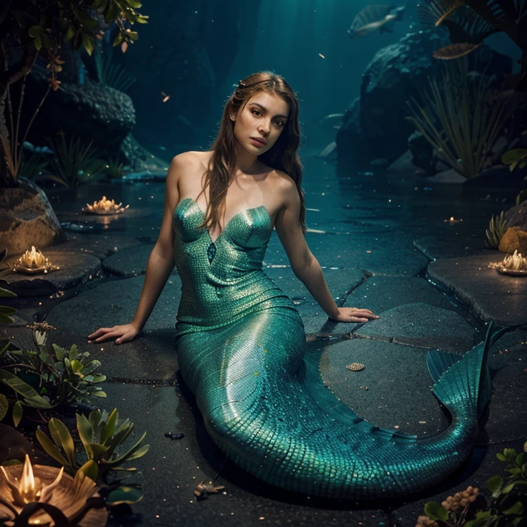 The creature looks like a beautiful mermaid, there are many different sea creatures around, they all glow like fireflies