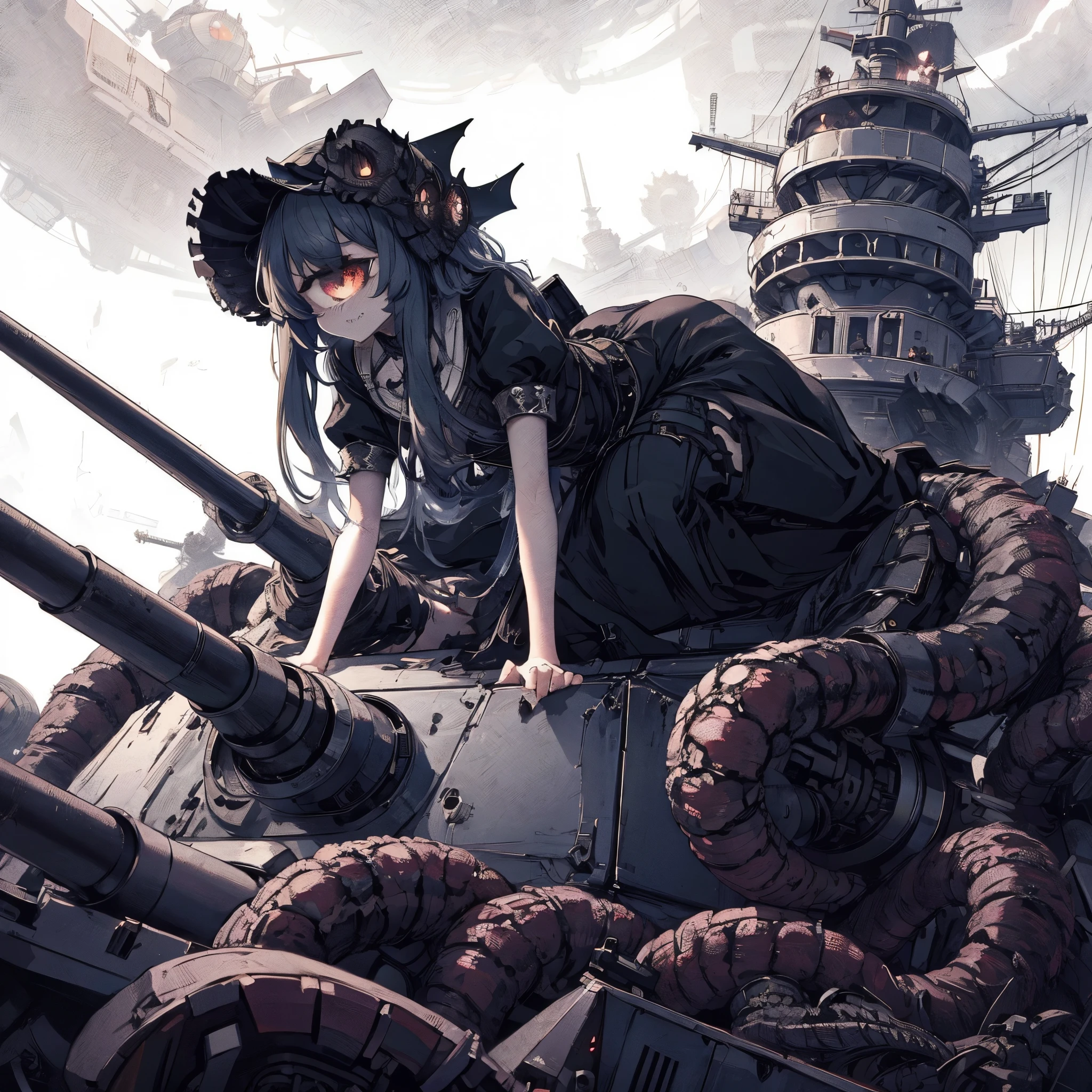 A girl crawling on top of a battleship. Cyclops girl. A turret baring her fangs. Gothic dress. abyssal fleet. Tentacles wrapped around the ship.