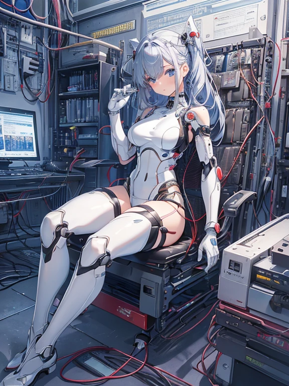 NSFW, (((masterpiece)))、(((highest quality)))、((Super fine))、(Detailed CG illustration)、((very delicate and beautiful))、(Delicate and cute face)、cinematic light、((1 Mechanical Girl))、solo、Full body Esbian、(highest qualityのイラスト:1.2), (pretty girl:1.1), (1 girl, solo:1.5), (1 girl、18-year-old、beautiful breasts:1.5、highly detailed eyes:1.2)、(beautiful breasts:1.1)、Cyborg Machine Main Body、positive、white cyber suit、perfect fit、black haired、brown hair、silver hair、blonde、blue hair、blue eyes、brown eyes、red eye mechanical joint:1.4)、((mechanical limbs))、(blood vessels connected to tubeechanical spine attached to back))、((mechanical cervical vertebrae)attached to the neck))、((Sitting on a chair on a machine))、No expression、(Wires and cables attached to head and body:1.5)、(character focus)、nffsw、Under maintenance、Touching the whole body with a mechanical arm