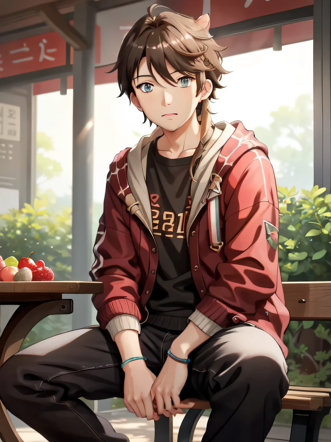 there is a young man sitting on a bench with a bowl of fruit, realistic artstyle, realistic anime 3 d style, realism artstyle, full body character portrait, makoto shinkai. digital render, detailed character portrait, smooth anime cg art, detailed fanart, anime realism style, made with anime painter studio, kawaii realistic portrait, character full body portrait,  green eye, with squirrel tail, with ears squirrel, 