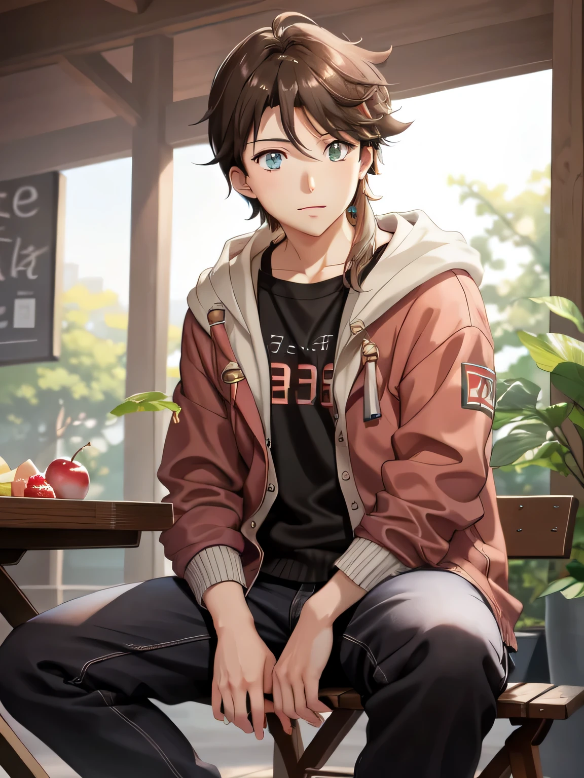 there is a young man sitting on a bench with a bowl of fruit, realistic artstyle, realistic anime 3 d style, realism artstyle, full body character portrait, makoto shinkai. digital render, detailed character portrait, smooth anime cg art, detailed fanart, anime realism style, made with anime painter studio, kawaii realistic portrait, character full body portrait,  green eye, with squirrel tail, with ears squirrel, 