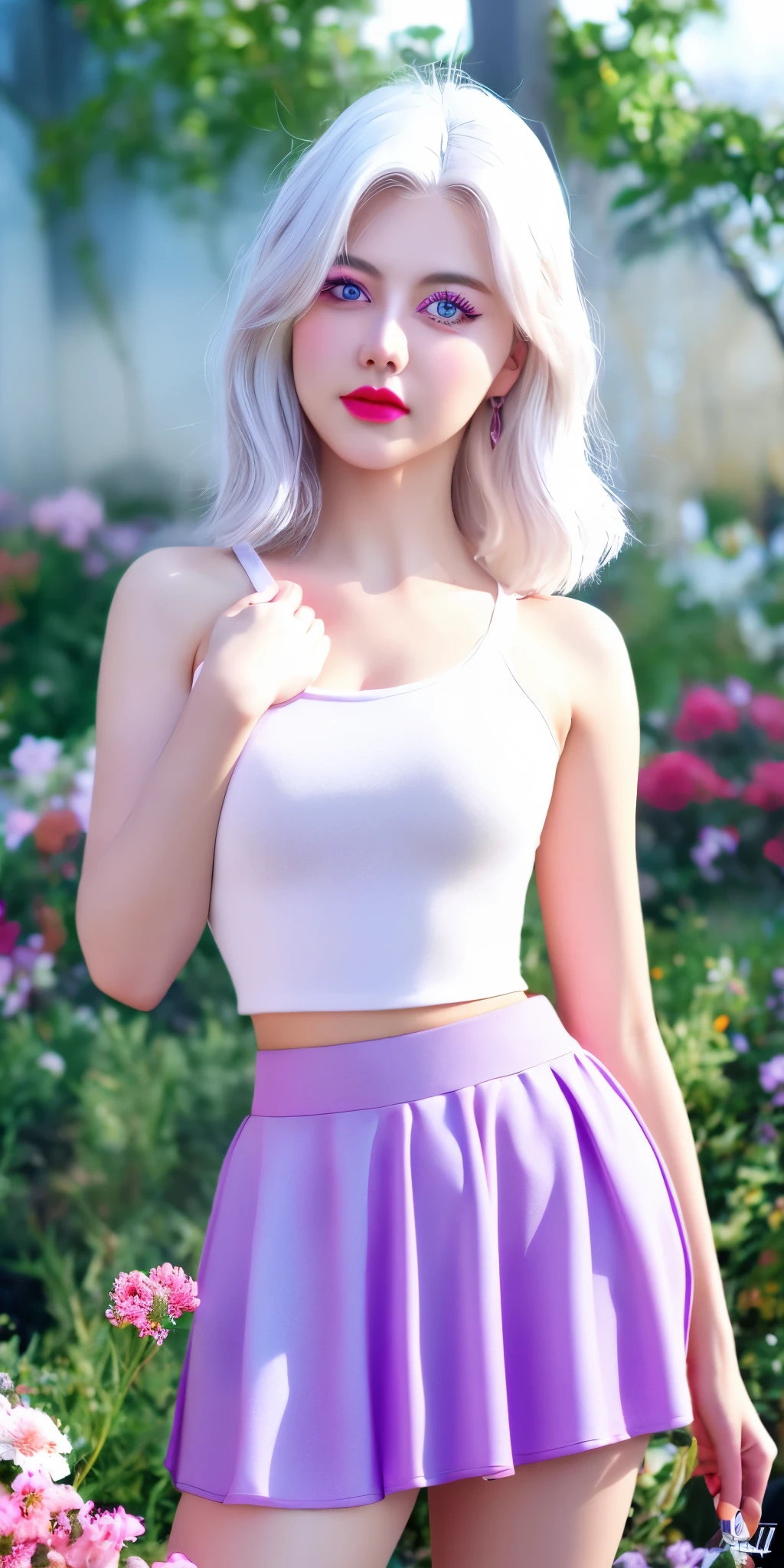 realistic, 1girl, white hair, purple eyes, glowing eyes, crop top, skirt, parted lips, blush, night, flowers, sun, sunlight,