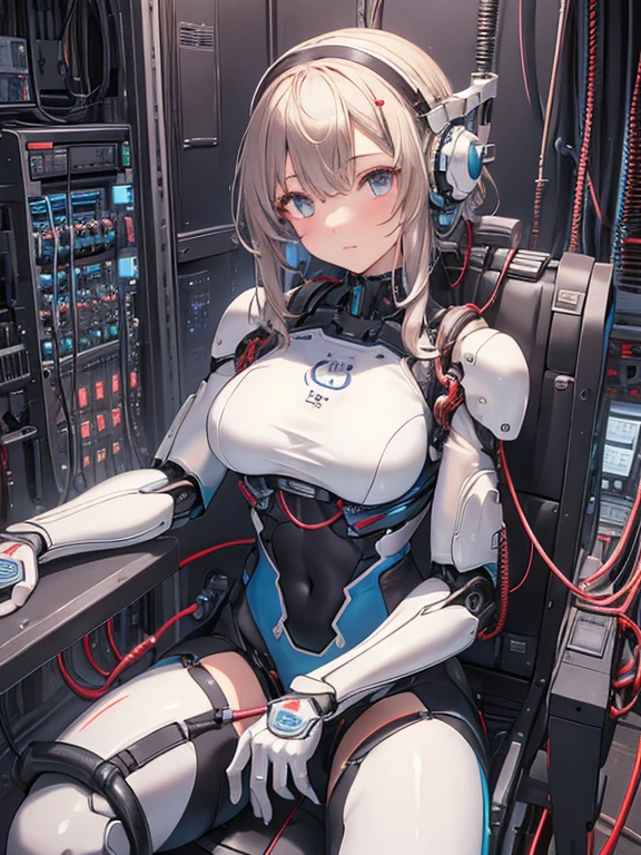 NSFW, (((masterpiece)))、(((highest quality)))、((Super fine))、(Detailed CG illustration)、((very delicate and beautiful))、(Delicate and cute face)、cinematic light、((1 Mechanical Girl))、solo、Full body Esbian、(highest qualityのイラスト:1.2), (pretty girl:1.1), (1 girl, solo:1.5), (1 girl、18-year-old、beautiful breasts:1.5、highly detailed eyes:1.2)、(beautiful breasts:1.1)、Cyborg Machine Main Body、positive、white cyber suit、perfect fit、black haired、brown hair、silver hair、blonde、blue hair、blue eyes、brown eyes、red eye mechanical joint:1.4)、((mechanical limbs))、(blood vessels connected to tubeechanical spine attached to back))、((mechanical cervical vertebrae)attached to the neck))、((Sitting on a chair on a machine))、No expression、(Wires and cables attached to head and body:1.5)、(character focus)、nffsw、Under maintenance、Touching the whole body with a mechanical arm