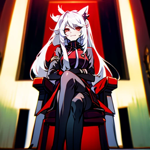 Red eyes, evil smile, wolf ears, nine tails, stockings, uniform, sexy, no shoes, sitting on throne, yandere, legs crossed,