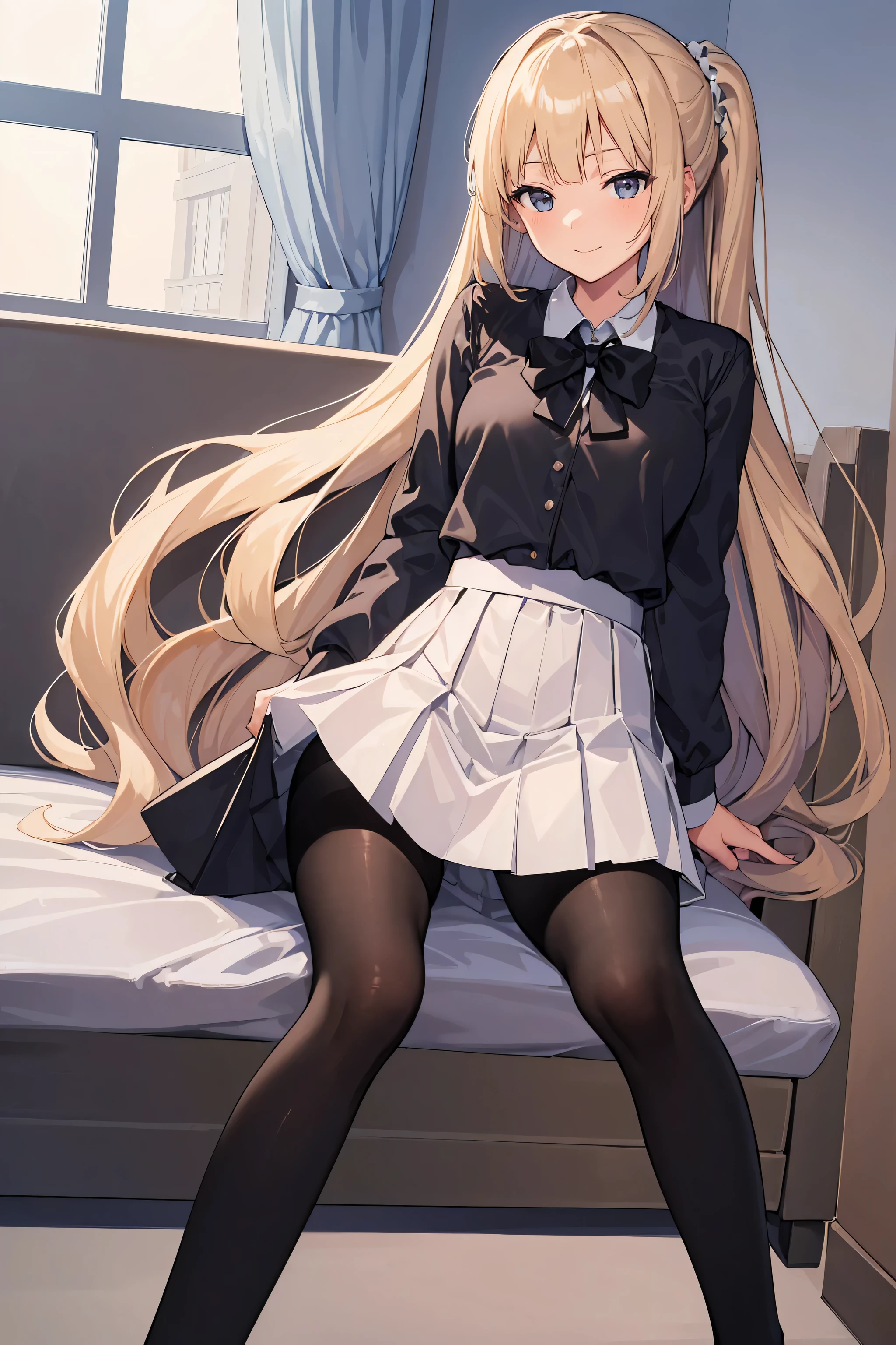 (masterpiece), (best quality), (illustration), (beautiful detailed), (highres), black pantyhose,white skirt,black pantyhose miniskirt, black pantyhose pleated skirt, red jacket, black pantyhose looking at viewer,sitting,(school uniform), white shirt,blush,shy,indoors, window,blonde hair, black pantyhose ponytail,((black pantyhose)) smile