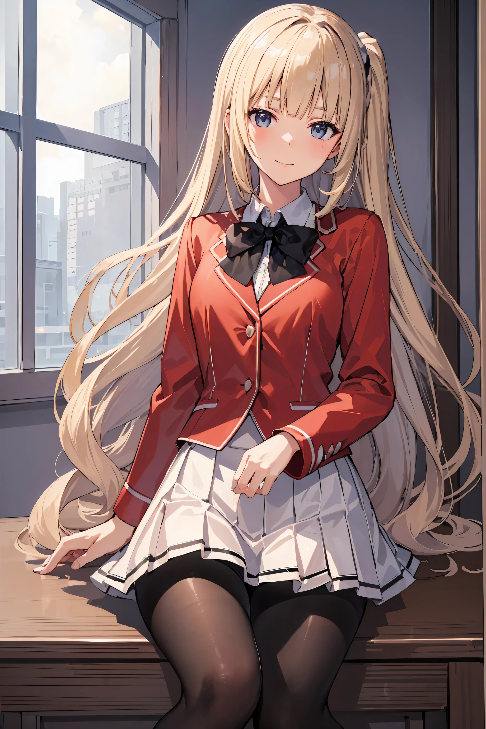 (masterpiece), (best quality), (illustration), (beautiful detailed), (highres), black pantyhose,white skirt,black pantyhose miniskirt, black pantyhose pleated skirt, red jacket, black pantyhose looking at viewer,sitting,(school uniform), white shirt,blush,shy,indoors, window,blonde hair, black pantyhose ponytail,((black pantyhose)) smile