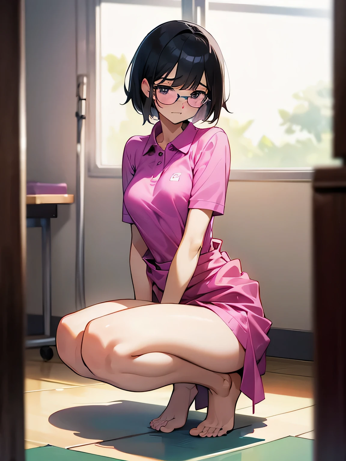 short hair, pubic hair, nice breasts, embarrassed, shy, worried, black hair, short sleeves, arm, in the hospital, no panties, magenta polo shirt, no bra, naked, no shoes, glasses, squatting, peeing, naked from the waist up
