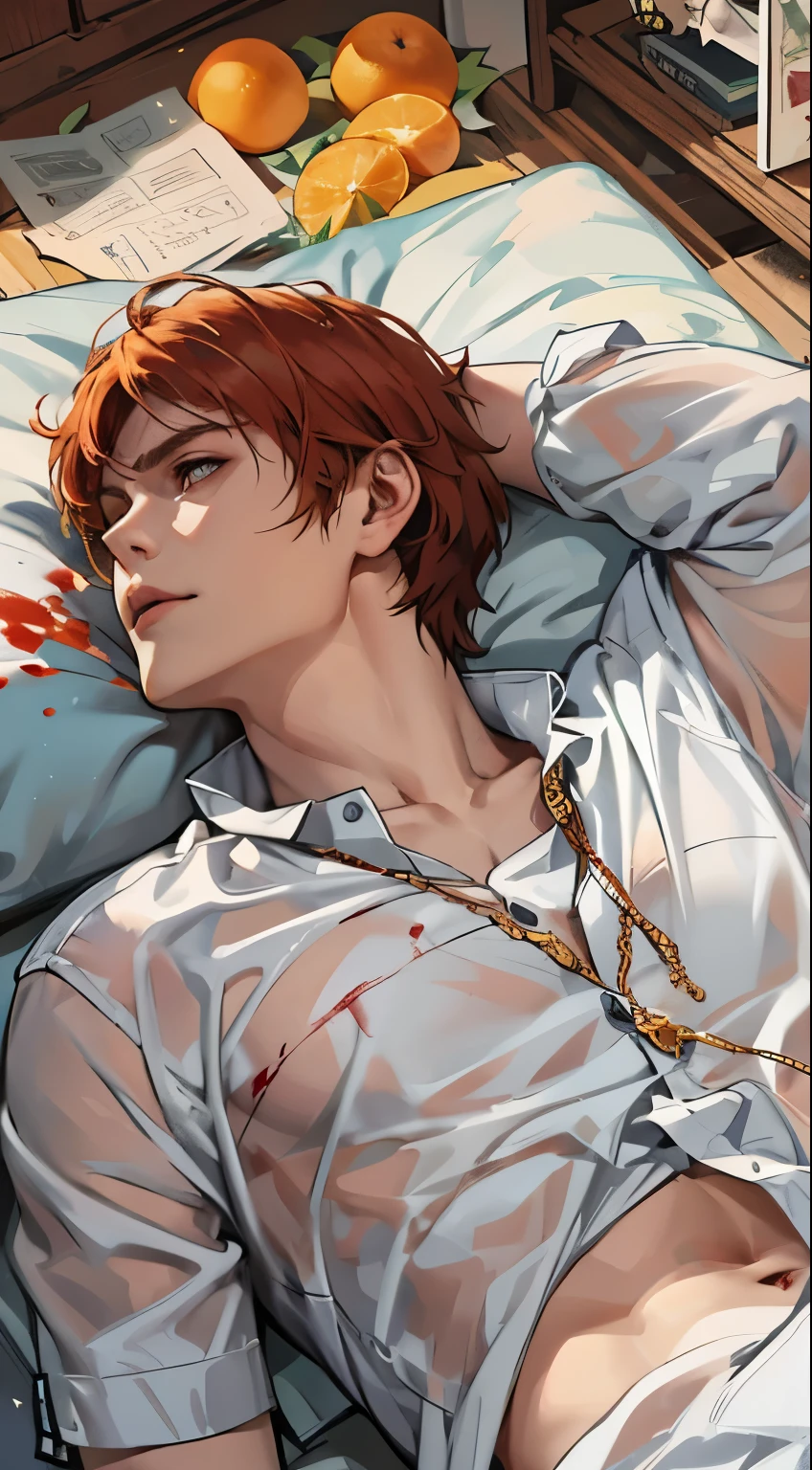 blood on his chest pale skin gray is cold A 17 year old orange haired man is dead