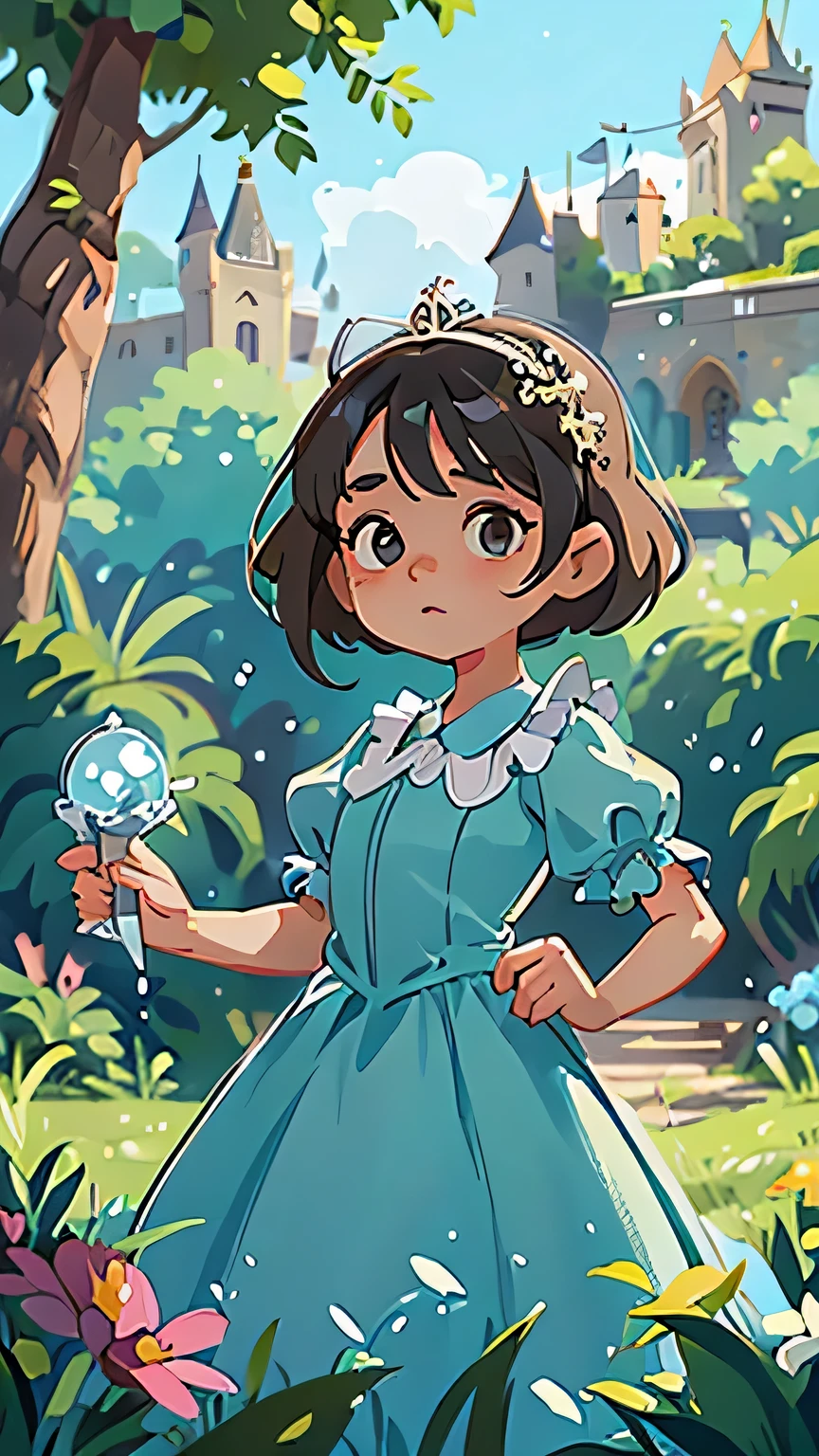 Princesa, britanica, cabelos loiros, olhos azuis, 8 anos de idade, rosto perfeito, vestido cinderela, desenho animado disney, andando pelo jardim, castelo ao fundo da imagem, pessoas andando .