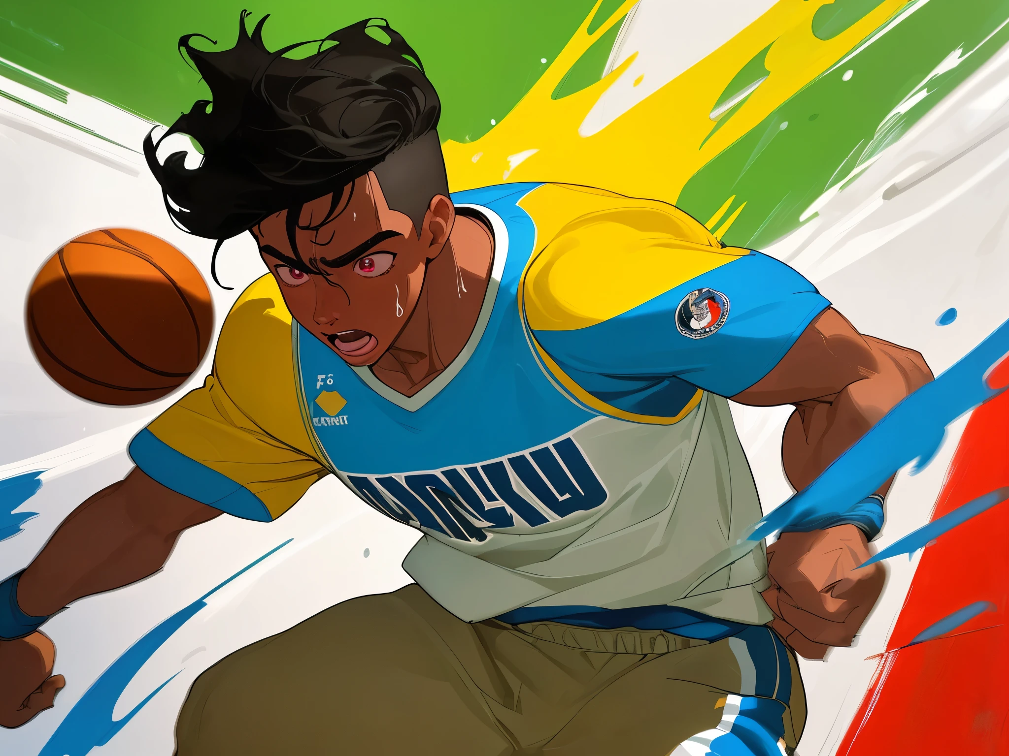 "(best quality,realistic),young Mexican boy ,dark-skinned,basketball player,macho,strong and athletic build,determined expression,concentrated look,skillful with the ball,fast and agile movements,showing off his basketball skills,playing in an outdoor court,sweat dripping down his face,shooting the ball into the hoop,high energy and intensity,competitive game atmosphere,competitive spirit,celebrating victory with teammates,vivid colors,urban street art style,graffiti walls in the background,energetic brush strokes,dynamic composition,contrast between light and shadow,emphasis on the boy's face and muscular body,perfectly captured action shot" guapo de cuerpo sexy, heterosexual seducido por chico blanco de ojos miel