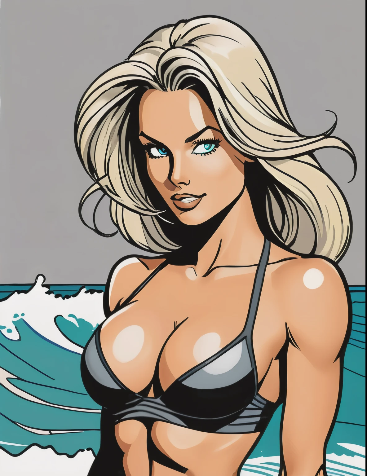 ((pen and ink drawing:1.4)),newspaper comic strip style:1.1) Flat colors, close up, portrait of a blonde surfer girl,  natural beaty, beautiful, bikini top,  casual, large fake breasts, clevage,
((([simply grey background])))