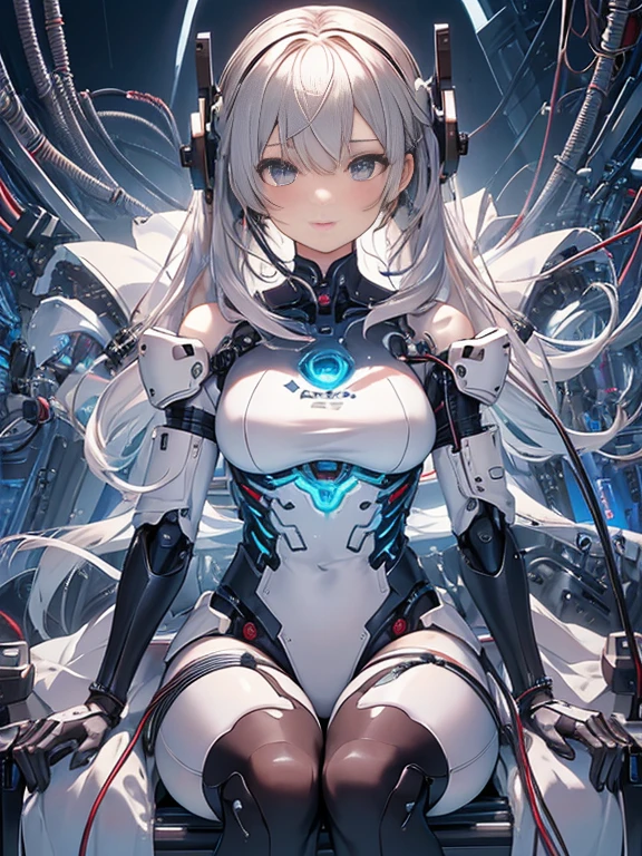 NSFW, (((masterpiece)))、(((highest quality)))、((Super fine))、(Detailed CG illustration)、((very delicate and beautiful))、(Delicate and cute face)、cinematic light、((1 Mechanical Girl))、solo、Full body Esbian、(highest qualityのイラスト:1.2), (pretty girl:1.1), (1 girl, solo:1.5), (1 girl、18-year-old、beautiful breasts:1.5、highly detailed eyes:1.2)、(beautiful breasts:1.1)、Cyborg Machine Main Body、positive、white cyber suit、perfect fit、black haired、brown hair、silver hair、blonde、blue hair、blue eyes、brown eyes、red eye mechanical joint:1.4)、((mechanical limbs))、(blood vessels connected to tubeechanical spine attached to back))、((mechanical cervical vertebrae)attached to the neck))、((Sitting on a chair on a machine))、No expression、(Wires and cables attached to head and body:1.5)、(character focus)、nffsw、Under maintenance、Touching the whole body with a mechanical arm