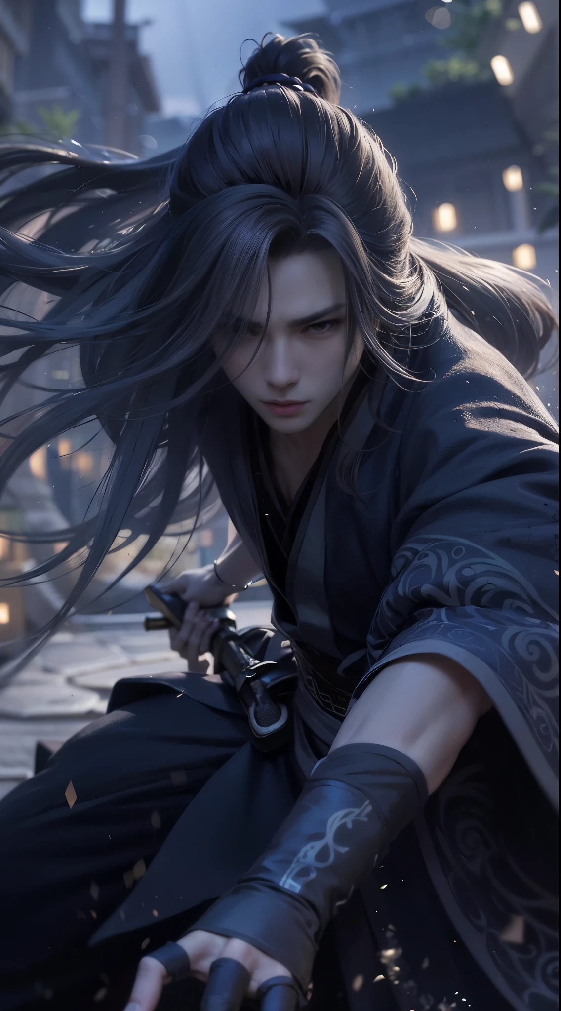 A warrior，long haired，Hanfu，Robe，Sword，Handsome face shape，extremely lifelike：1.2