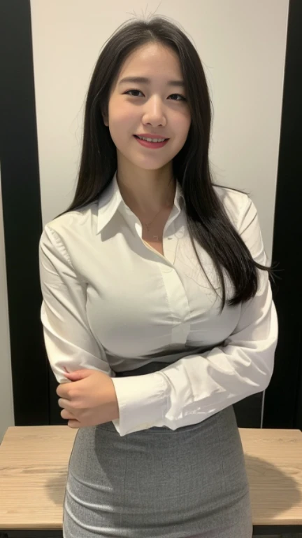 ((highest quality, 8K, masterpiece, portrait: 1.3)), (looking at the viewer), (full shot:0.85), attractive business mature woman, 1 person, a little chubby:0.35, white collared shirt, gray skirt,((big breasts 1.6)) (big pelvis:0.3), (officeの机にあぐらをかいて座っている)), smile:0.2, president'office,good posture、