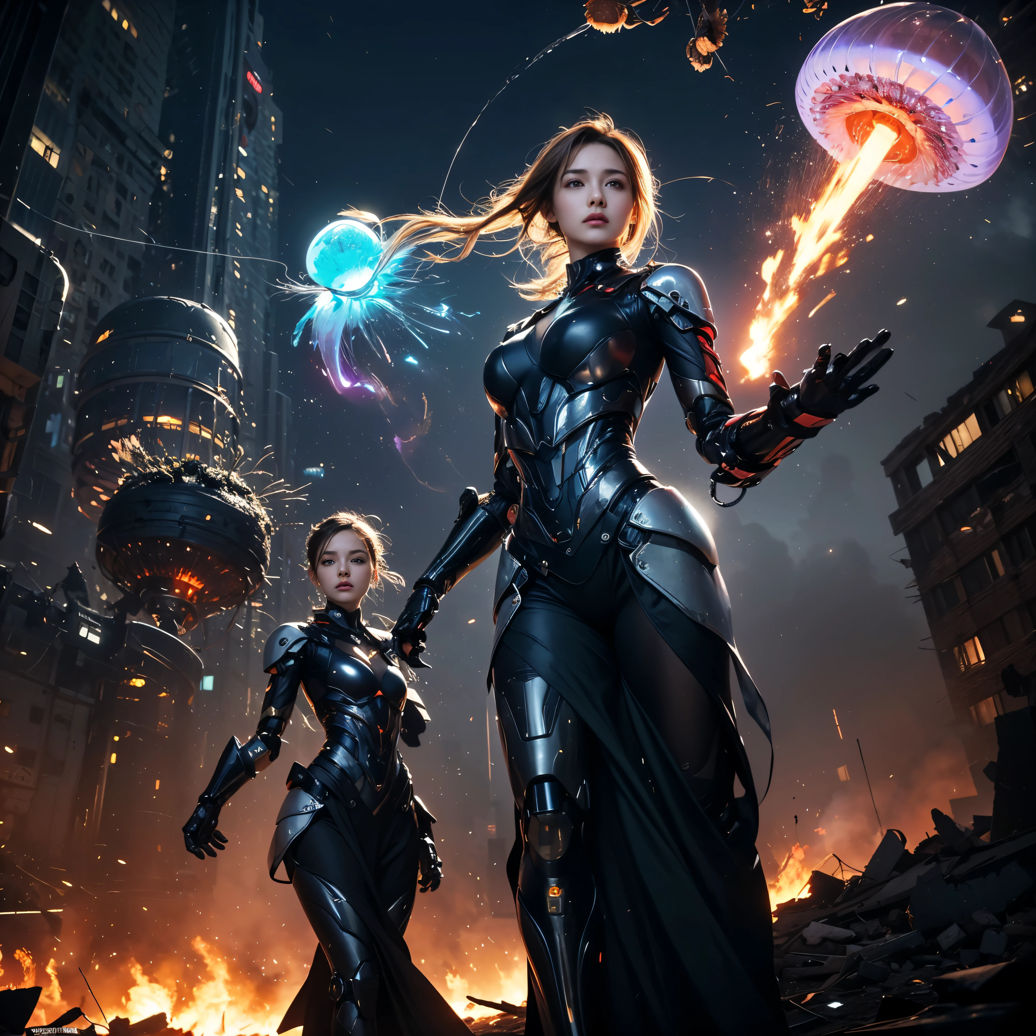(highest quality、4k、8k、High resolution、master piece: 1.2)、Super detailed、(real、photorealistic、photorealistic: 1.37)、Destruction of a Great City、(A telekinetic woman stands in front of a giant jellyfish robot controlled by an invader.:1.37) 、(Women are young and beautiful、18-year-old、unparalleled beauty:1.5)、Insert mental barriers to resist robot attacks、vibrant cityscape、Bright colors、Shining skyscrapers、busy street、Futuristic architecture and technology、Advanced holographic display、Neon light splashes 、dramatic lighting、intense shadow、Awe-inspiring power that exudes from women、Determination in His Eyes、An elegant flowing gown、Dynamic action in the wind、Reach out and rush towards the robot.、A powerful energy emanates from the hands、Blue glowing aura、sparks of electricity、electricity crackling in the air、A vortex of energy surrounding a woman、A fascinating and surreal atmosphere、A sense of danger and impending destruction、Background chaos and destruction、Crumbling buildings、flying debris、Smoke and flames、 The contrast between beauty and destruction、The war between technology and the extraordinary power of young women,A jellyfish robot is destroyed by a telekinetic woman and falls apart