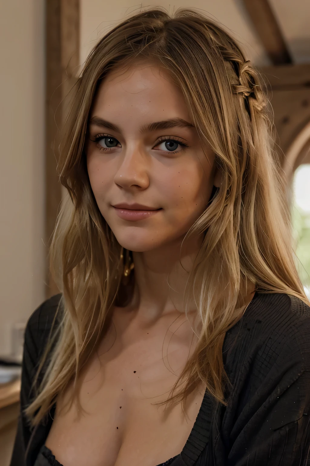 1 girl, alter 19, Allein, lange Haare, kolossal , Blick auf den Betrachter, gerader Blick in die Kamera, blondes Haar, nackte Schultern, braune Augen, Juwel, close face shot, Slight smile, Pretty