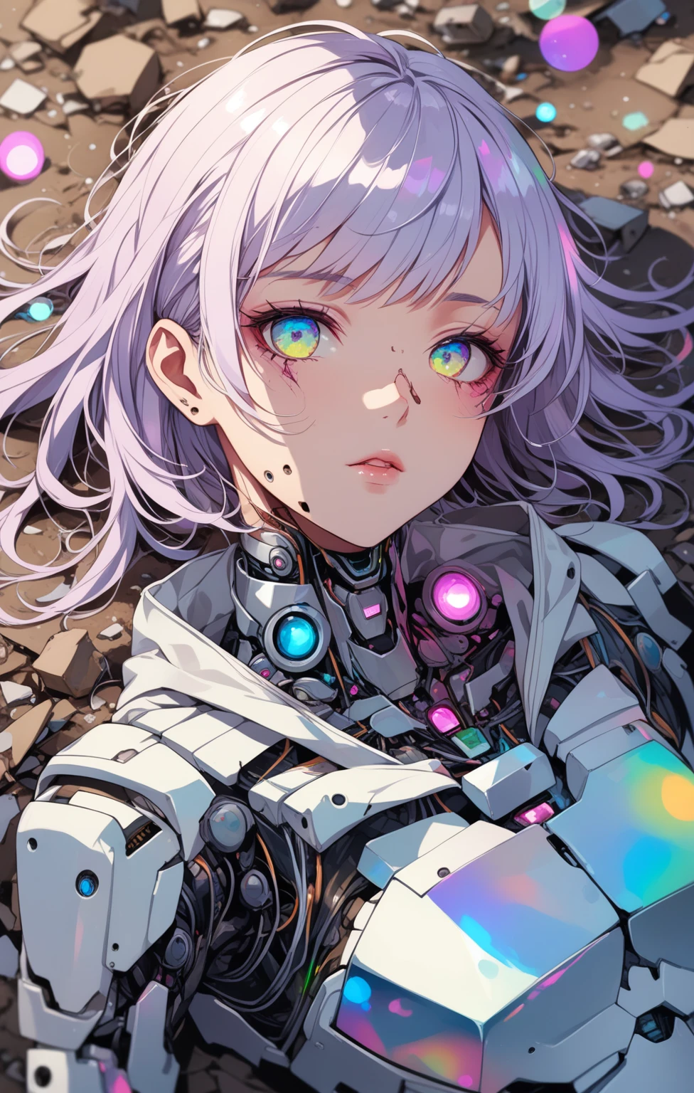 a broken ruined cyborg girl in a landfill, robot, beautiful face, body is broken with scars and holes, laying on the ground, 8K, (dynamic perspective), sharp focus, (depth of field, bokeh:1.3), extremely detailed eyes and face, beautiful detailed eyes, hyperpunk scene, cinematic lighting, reflective transparent iridescent opaque jacket, long transparent iridescent RGB hair, ((masterpiece, best quality)), niji, from above, upper body, navel, sachin teng