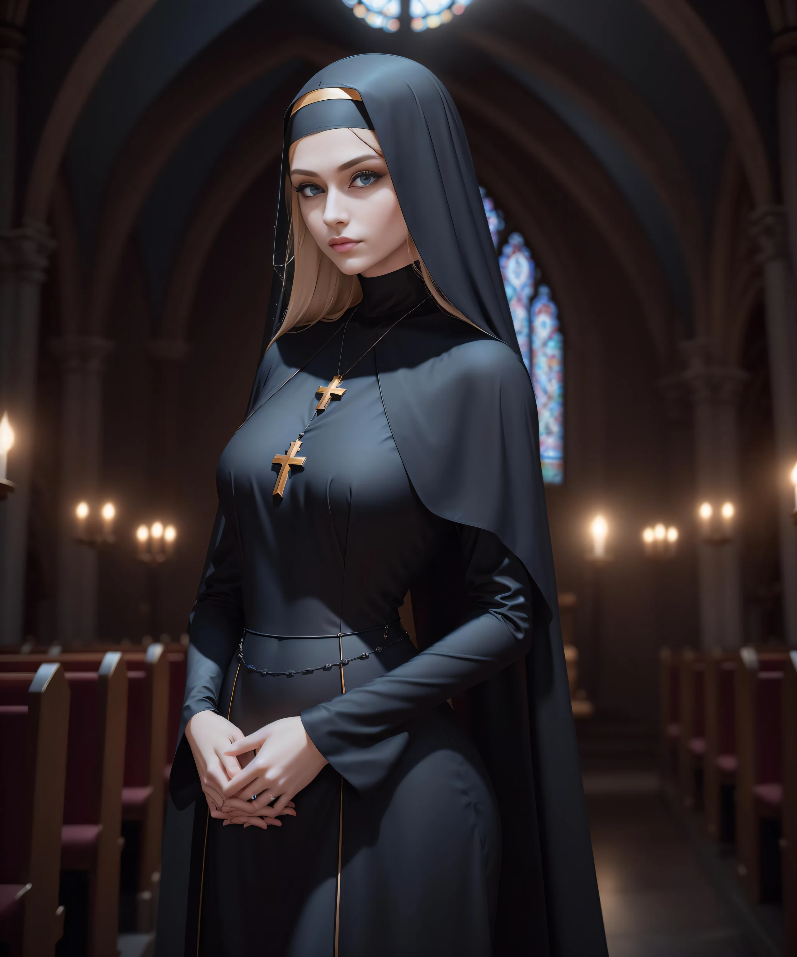 (best quality,4k,8k,highres,masterpiece:1.2),ultra-detailed,(realistic,photorealistic,photo-realistic:1.37),portrait,religious woman,blonde,pale skin,hazel eyes,priestess,nun,sacred atmosphere,candlelit,golden halo,rosary beads,ornate clothing,serene expression,peaceful surroundings,tranquil garden,subtle sunlight,soft shadows,sacred symbols,sense of divinity,dreamlike quality,vibrant colors,ethereal beauty,religious devotion