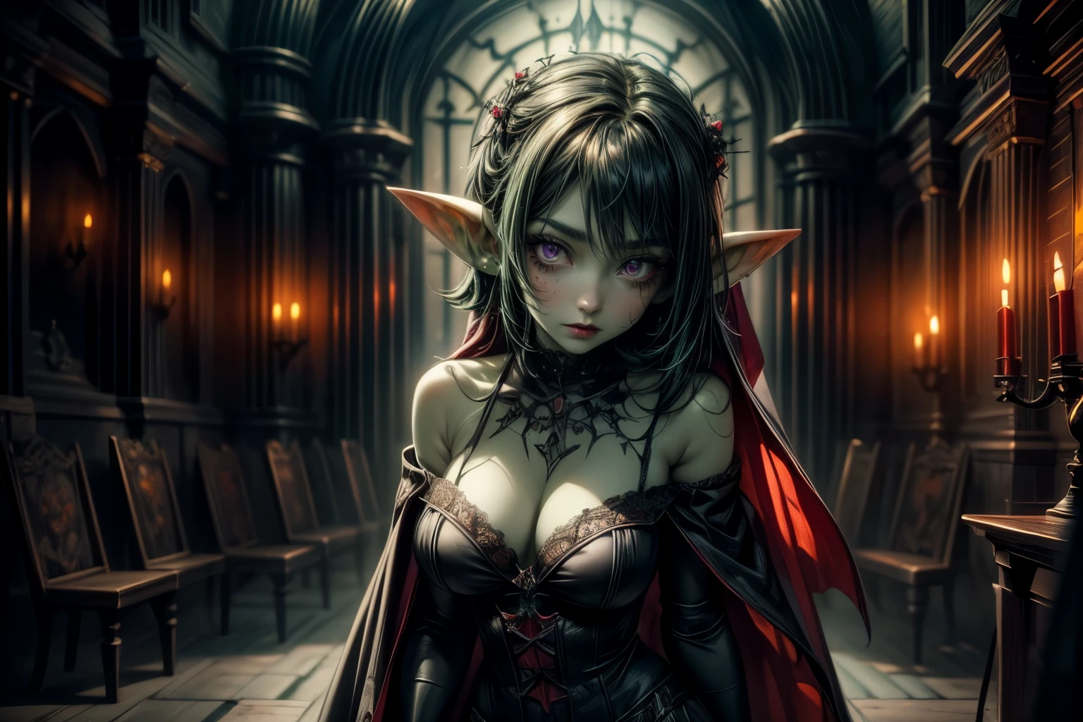 ((best quality)), ((masterpiece)), (detailed), 4k dark gothic horror style, Halloween style, very small goblin girl, green skin, pointy ears, short purple hair with black streaks pixie hairstyle, bright red eyes, in a dark gothic castle, cinematic dark lighting, stark lighting, dim, wearing ornate red lingerie, sexy, very long flowing red silk cape, lace