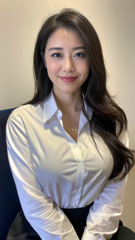((highest quality, 8K, masterpiece, portrait: 1.3)), (looking at the viewer), (full shot:0.85), attractive business mature woman, 1 person, a little chubby:0.35, white collared shirt, gray skirt,((big breasts 1.6)) (big pelvis:0.3), (officeの机にあぐらをかいて座っている)), smile:0.2, president&#39;office,good posture、