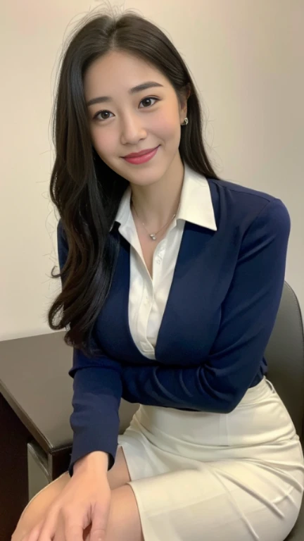 ((highest quality, 8K, masterpiece, portrait: 1.3)), (looking at the viewer), (full shot:0.85), attractive business mature woman, 1 person, a little chubby:0.35, white collared shirt, gray skirt,((big breasts 1.6)) (big pelvis:0.3), (officeの机にあぐらをかいて座っている)), smile:0.2, president'office,good posture、