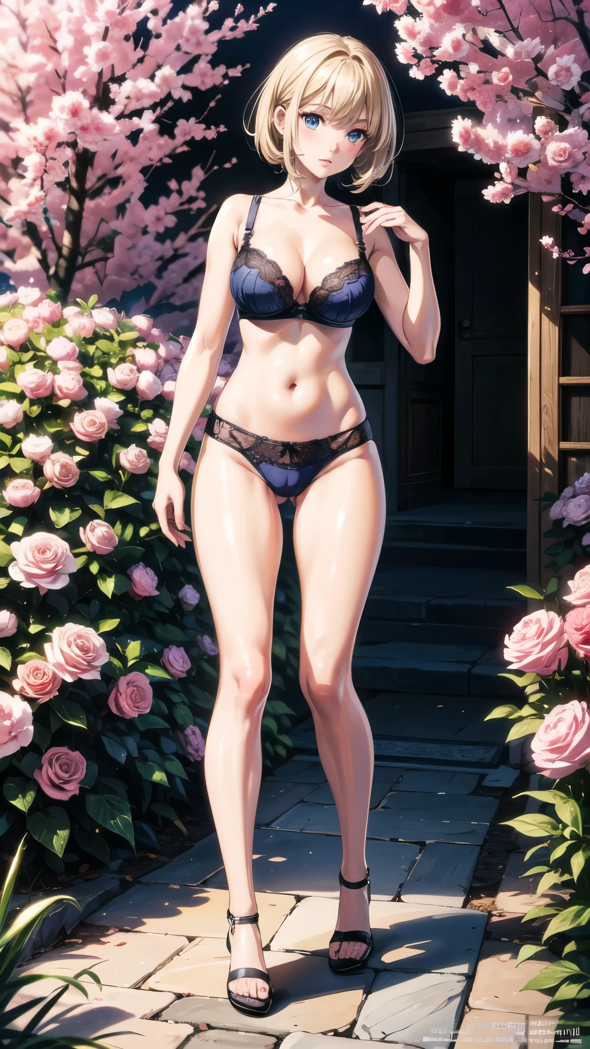 (Raw photo:1.2), (Photorealistic), Beautiful detailed girl, Very detailed eyes and face, Beautiful detailed eyes, Huge file size, High resolution, Very detailed, Best Quality, [masterpiece:1.6], Illustration, Very detailed, Fine detail, Best Quality, 32K Wallpaper, intricate details, in the garden, colorful flowers, beautiful young woman, short height, pixie cur hair, medium breast, low cut cotton panties and bra, full body photo, cameltoe