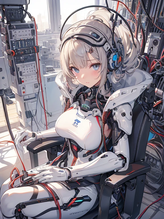 NSFW, (((masterpiece)))、(((highest quality)))、((Super fine))、(Detailed CG illustration)、((very delicate and beautiful))、(Delicate and cute face)、cinematic light、((1 Mechanical Girl))、solo、Full body Esbian、(highest qualityのイラスト:1.2), (pretty girl:1.1), (1 girl, solo:1.5), (1 girl、18-year-old、beautiful breasts:1.5、highly detailed eyes:1.2)、(beautiful breasts:1.1)、Cyborg Machine Main Body、positive、white cyber suit、perfect fit、black haired、brown hair、silver hair、blonde、blue hair、blue eyes、brown eyes、red eye mechanical joint:1.4)、((mechanical limbs))、(blood vessels connected to tubeechanical spine attached to back))、((mechanical cervical vertebrae)attached to the neck))、((Sitting on a chair on a machine))、No expression、(Wires and cables attached to head and body:1.5)、(character focus)、nffsw、Under maintenance、Touching the whole body with a mechanical arm