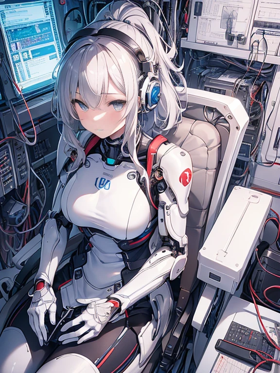 NSFW, (((masterpiece)))、(((highest quality)))、((Super fine))、(Detailed CG illustration)、((very delicate and beautiful))、(Delicate and cute face)、cinematic light、((1 Mechanical Girl))、solo、Full body Esbian、(highest qualityのイラスト:1.2), (pretty girl:1.1), (1 girl, solo:1.5), (1 girl、18-year-old、beautiful breasts:1.5、highly detailed eyes:1.2)、(beautiful breasts:1.1)、Cyborg Machine Main Body、positive、white cyber suit、perfect fit、black haired、brown hair、silver hair、blonde、blue hair、blue eyes、brown eyes、red eye mechanical joint:1.4)、((mechanical limbs))、(blood vessels connected to tubeechanical spine attached to back))、((mechanical cervical vertebrae)attached to the neck))、((Sitting on a chair on a machine))、No expression、(Wires and cables attached to head and body:1.5)、(character focus)、nffsw、Under maintenance、Touching the whole body with a mechanical arm