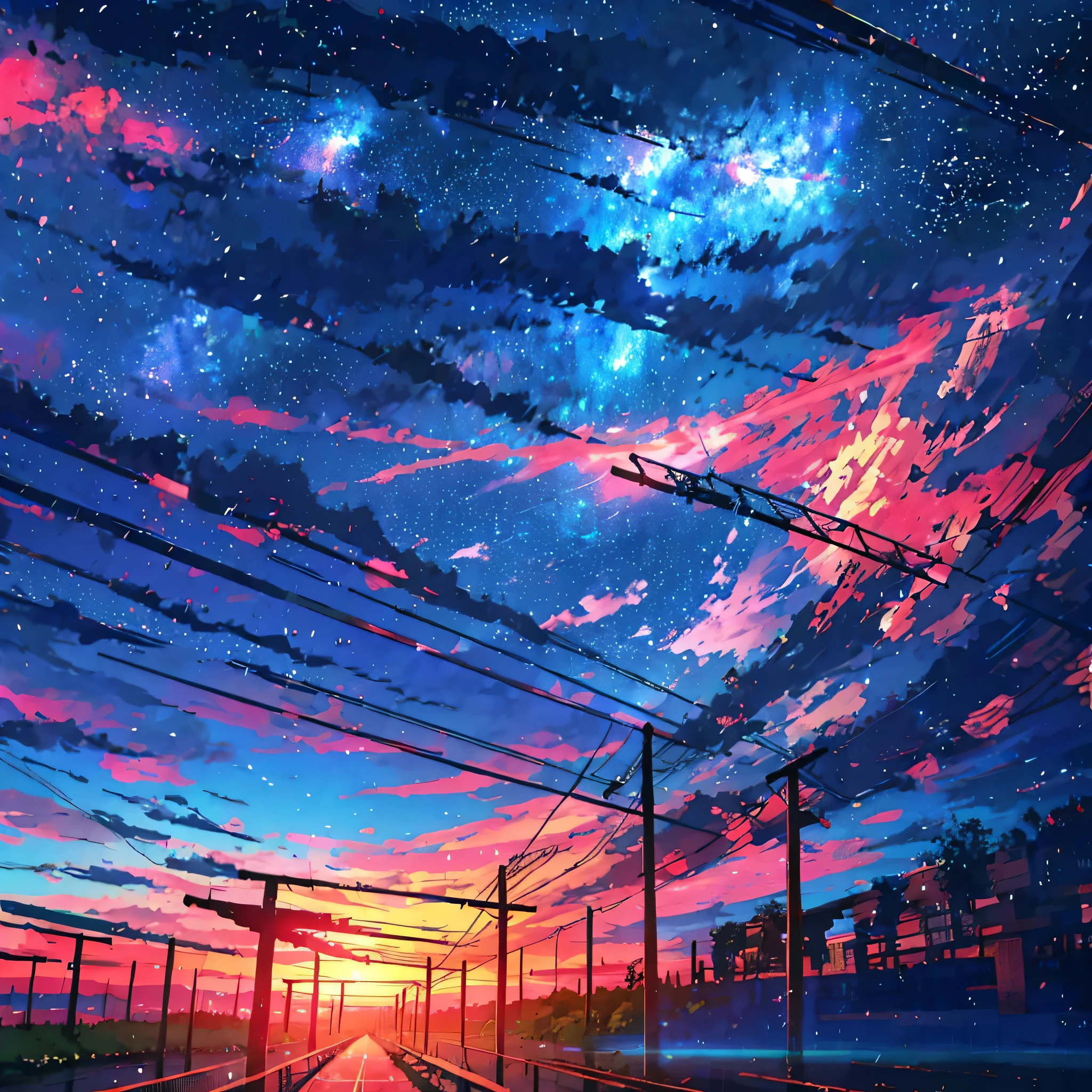 Anime train crossing track and a  sky background, beautiful and harmonious scene, exquisite animation, rich details (width is 672), high quality, clarity 4k, artistic 4k wallpaper, stunning anime landscape, 8k art wallpaper.