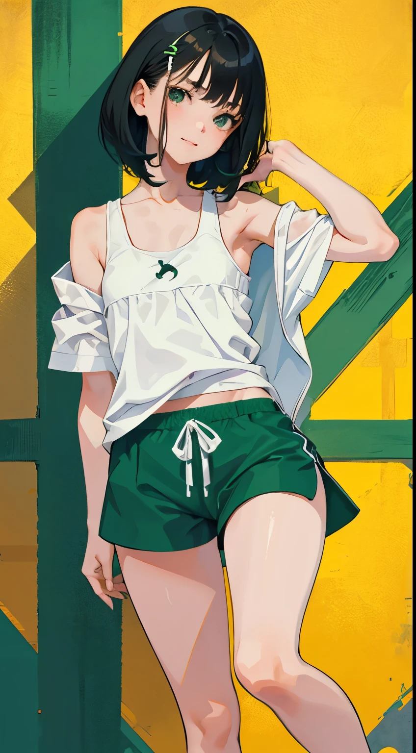 (short cute girl,small young student,young delicate girl),(masterpiece,Top quality),Tank top,light green shorts,short sleeve,long black hair,sleepy