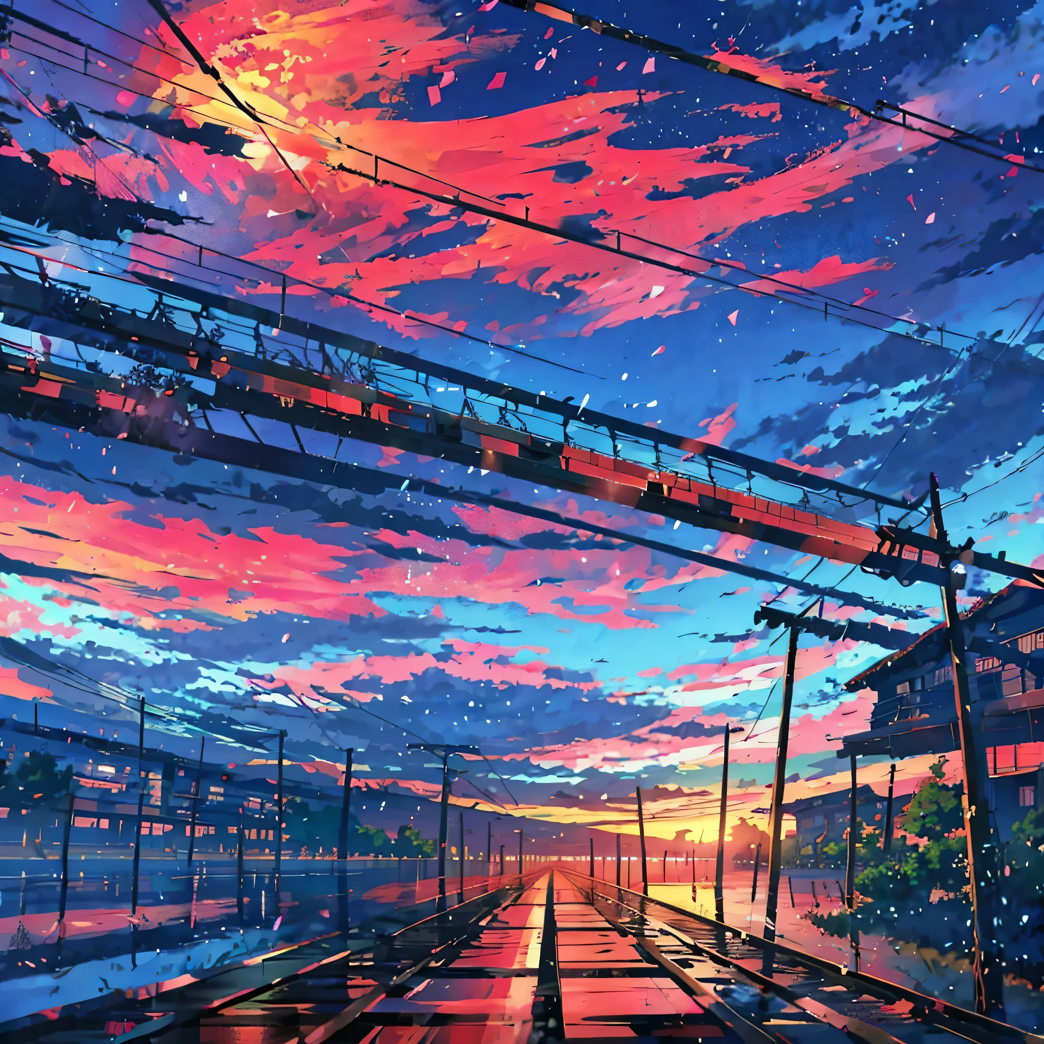 Anime train crossing track and a sky background, beautiful and harmonious scene, exquisite animation, rich details (width is 672), high quality, clarity 4k, artistic 4k wallpaper, stunning anime landscape, 8k art wallpaper.