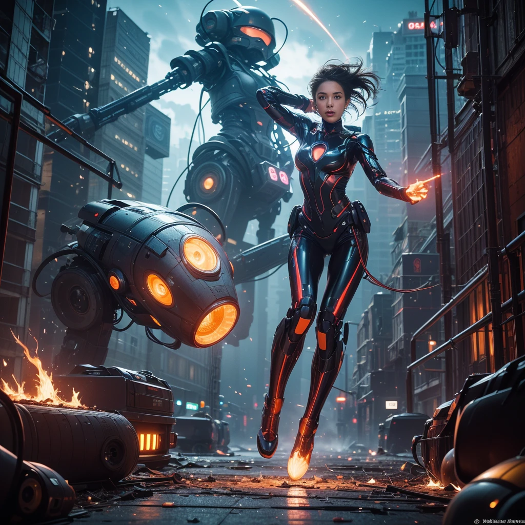 (highest quality、4k、8k、High resolution、master piece: 1.2)、Super detailed、(real、photorealistic、photorealistic: 1.37)、Destruction of a Great City、(A telekinetic woman stands in front of a giant jellyfish robot controlled by an invader.:1.37) 、(Women are young and beautiful、18-year-old、unparalleled beauty:1.5)、Insert mental barriers to resist robot attacks、vibrant cityscape、Bright colors、Shining skyscrapers、busy street、Futuristic architecture and technology、Advanced holographic display、Neon light splashes 、dramatic lighting、intense shadow、Awe-inspiring power that exudes from women、Determination in His Eyes、An elegant flowing gown、Dynamic action in the wind、Reach out and rush towards the robot.、A powerful energy emanates from the hands、Blue glowing aura、sparks of electricity、electricity crackling in the air、A vortex of energy surrounding a woman、A fascinating and surreal atmosphere、A sense of danger and impending destruction、Background chaos and destruction、Crumbling buildings、flying debris、Smoke and flames、 The contrast between beauty and destruction、The war between technology and the extraordinary power of young women,A jellyfish robot is destroyed by a telekinetic woman and falls apart