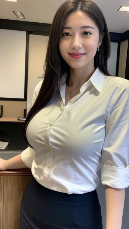 ((highest quality, 8K, masterpiece, portrait: 1.3)), (looking at the viewer), (full shot:0.85), attractive business mature woman, 1 person, a little chubby:0.35, white collared shirt, gray skirt,((big breasts 1.8)) (big pelvis:0.3), (officeの机にあぐらをかいて座っている)), smile:0.2, president'office,good posture、