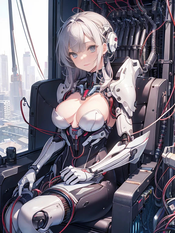 NSFW, (((masterpiece)))、(((highest quality)))、((Super fine))、(Detailed CG illustration)、((very delicate and beautiful))、(Delicate and cute face)、cinematic light、((1 Mechanical Girl))、solo、Full body Esbian、(highest qualityのイラスト:1.2), (pretty girl:1.1), (1 girl, solo:1.5), (1 girl、18-year-old、beautiful breasts:1.5、highly detailed eyes:1.2)、(beautiful breasts:1.1)、Cyborg Machine Main Body、positive、white cyber suit、perfect fit、black haired、brown hair、silver hair、blonde、blue hair、blue eyes、brown eyes、red eye mechanical joint:1.4)、((mechanical limbs))、(blood vessels connected to tubeechanical spine attached to back))、((mechanical cervical vertebrae)attached to the neck))、((Sitting on a chair on a machine))、No expression、(Wires and cables attached to head and body:1.5)、(character focus)、nffsw、Under maintenance、Touching the whole body with a mechanical arm