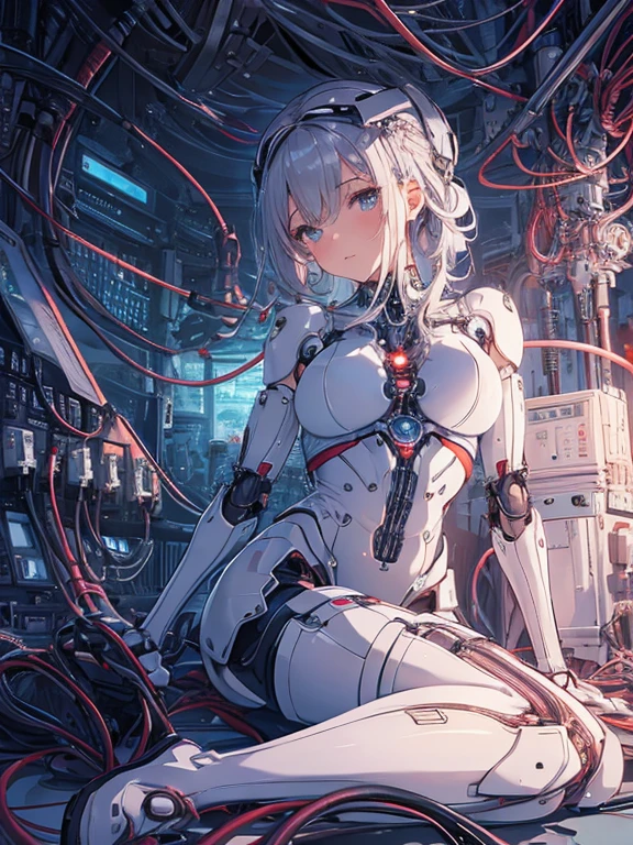 NSFW, (((masterpiece)))、(((highest quality)))、((Super fine))、(Detailed CG illustration)、((very delicate and beautiful))、(Delicate and cute face)、cinematic light、((1 Mechanical Girl))、solo、Full body Esbian、(highest qualityのイラスト:1.2), (pretty girl:1.1), (1 girl, solo:1.5), (1 girl、18-year-old、beautiful breasts:1.5、highly detailed eyes:1.2)、(beautiful breasts:1.1)、Cyborg Machine Main Body、positive、white cyber suit、perfect fit、black haired、brown hair、silver hair、blonde、blue hair、blue eyes、brown eyes、red eye mechanical joint:1.4)、((mechanical limbs))、(blood vessels connected to tubeechanical spine attached to back))、((mechanical cervical vertebrae)attached to the neck))、((Sitting on a chair on a machine))、No expression、(Wires and cables attached to head and body:1.5)、(character focus)、nffsw、Under maintenance、Touching the whole body with a mechanical arm