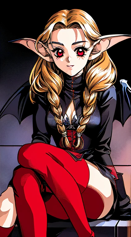 A woman elf, long elf ears, vampire, bat wings, high quality, red eyes, whole body, sitting pose, dark hair, two braids, ****ta clothed, vintage shoujo