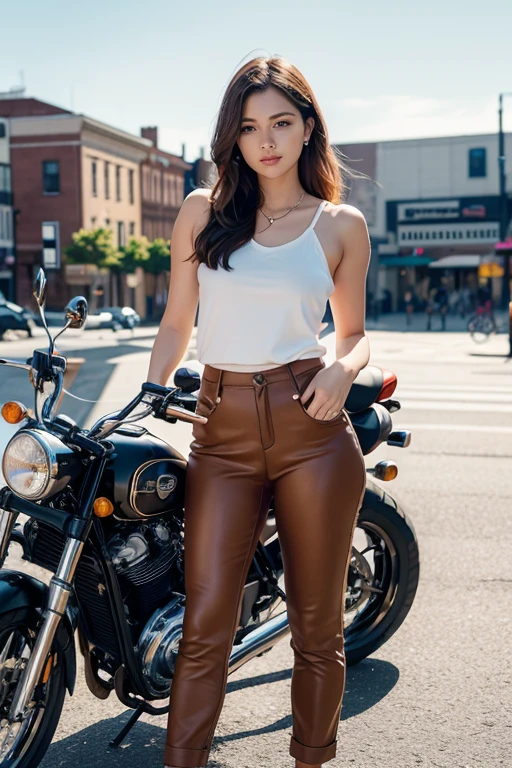 A young, confident 29-year-old woman stands next to her motorbike. She displays a casual-chic style, wearing brown pants that perfectly complement her whiskey-colored top. Daylight highlights the details of your clothes and bike, creating a harmonious contrast with the urban scenery in the background. The image is captured in UHD graphics, with an impressive 8k resolution, ensuring the best possible visual quality, with vivid colors and rich textures that bring the scene to life.