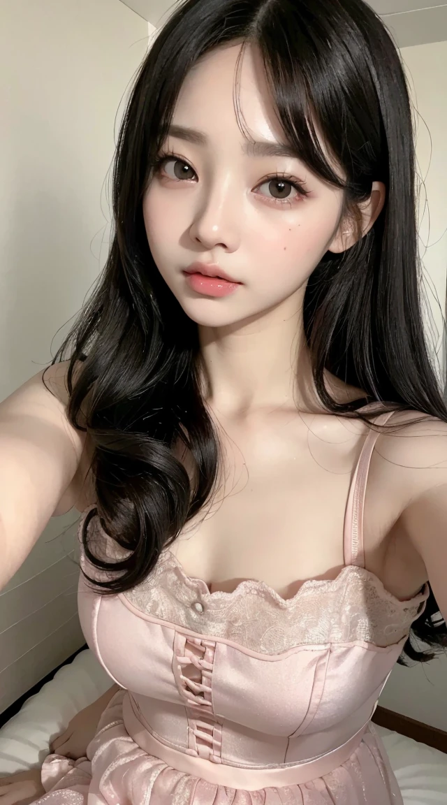 mix 4, (8K, Raw photo, best image quality, masterpiece: 1.45), (genuine, photogenuineistic、photogenuineistic:1.37、1080.1), 一人のgirl、cute、darkness、Wet、professional lighting、photon mapping、Physically based rendering、gradient black hair、long curly hair、good looking、girl、 highest quality photos, High resolution, 47p, (cute face), (Detailed facial description)、(Detailed Hand Explanation), (masterpiece), (Detailed CG), extreme light and shadow, masterpiece, Rich details, (detailed facial features), (best image qualityの紴), (masterpiece), (fine eyes), look at the camera, thin clavicle, (condescending expression)、, super detailed face, lip details, fine eyes, double eyelid ,5 years old 、korean little girl:1.8、no makeup、full body image、long black hair、genuineの人間、(sitting on the bed)、cute pink dress:1.5、(selfie:1.5),(duck mouth)