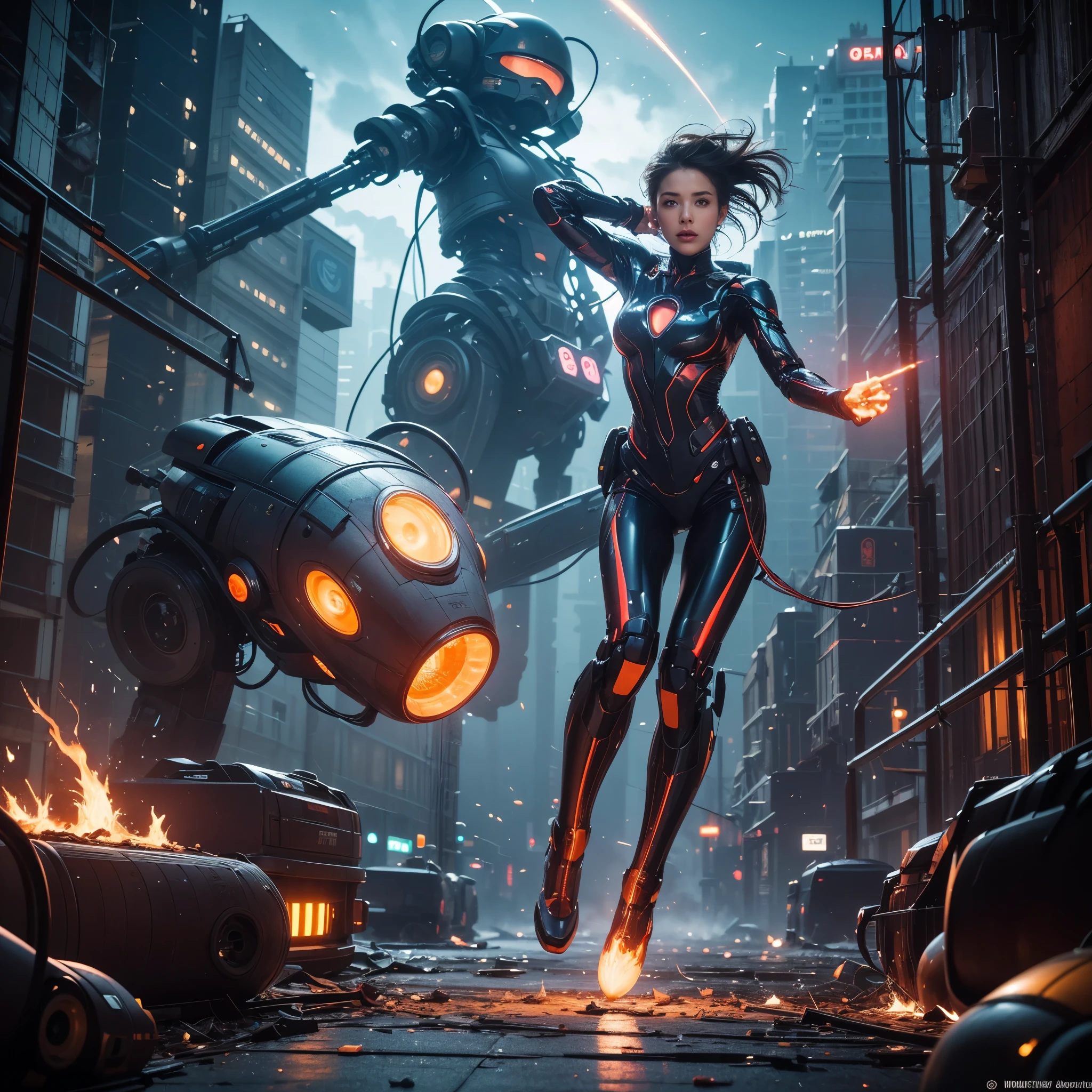(highest quality、4k、8k、High resolution、master piece: 1.2)、Super detailed、(real、photorealistic、photorealistic: 1.37)、Destruction of a Great City、(A telekinetic woman stands in front of a giant jellyfish robot controlled by an invader.:1.37) 、(Women are young and beautiful、18-year-old、unparalleled beauty:1.5)、Insert mental barriers to resist robot attacks、vibrant cityscape、Bright colors、Shining skyscrapers、busy street、Futuristic architecture and technology、Advanced holographic display、Neon light splashes 、dramatic lighting、intense shadow、Awe-inspiring power that exudes from women、Determination in His Eyes、An elegant flowing gown、Dynamic action in the wind、Reach out and rush towards the robot.、A powerful energy emanates from the hands、Blue glowing aura、sparks of electricity、electricity crackling in the air、A vortex of energy surrounding a woman、A fascinating and surreal atmosphere、A sense of danger and impending destruction、Background chaos and destruction、Crumbling buildings、flying debris、Smoke and flames、 The contrast between beauty and destruction、The war between technology and the extraordinary power of young women,A jellyfish robot is destroyed by a telekinetic woman and falls apart