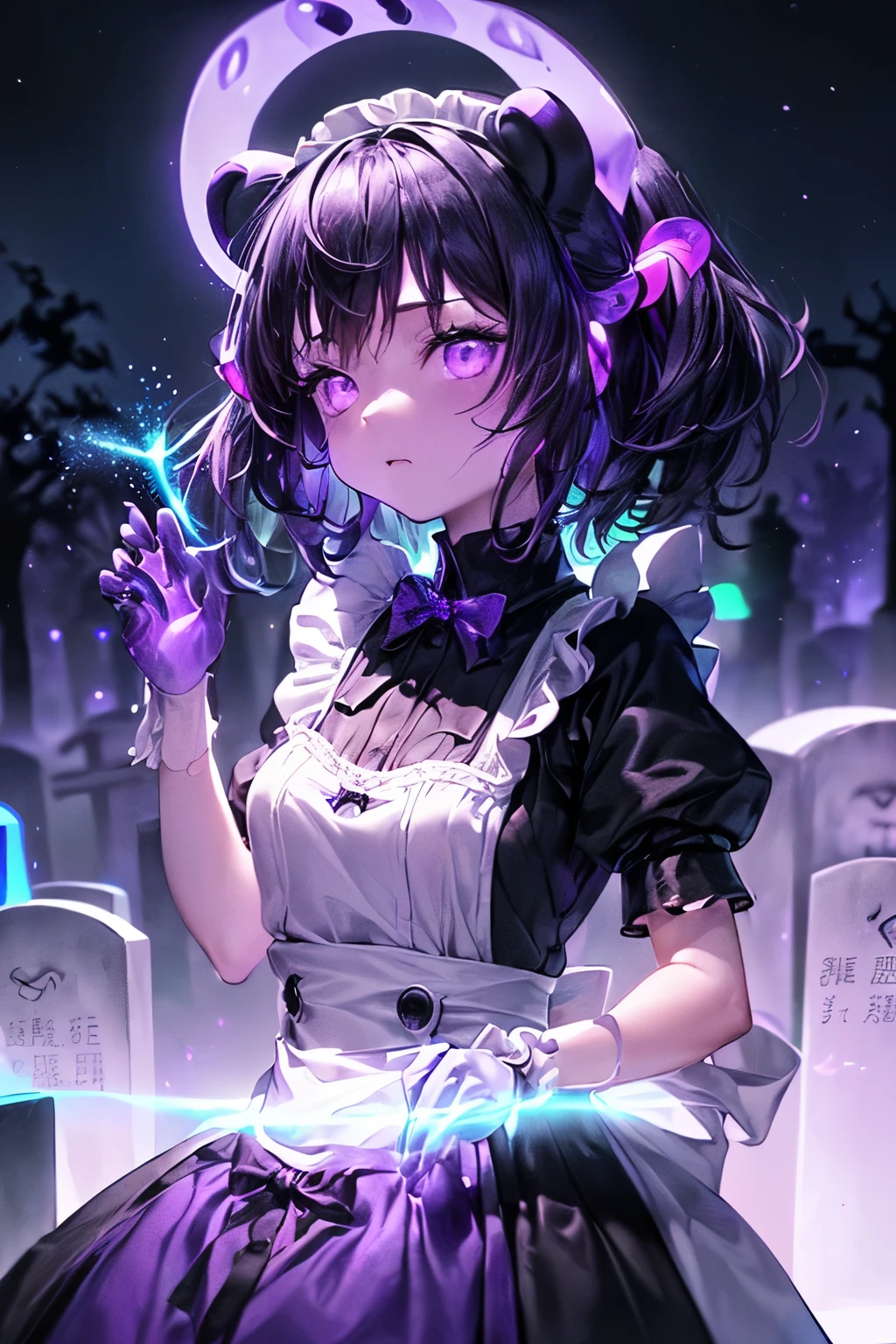 masterpiece、highest quality, (number: 1.0), Close-up, face focus, ((Kemonomimi girl with black bear ears:1.4)), solo, ((Black hair berry berry short:1.3)), plump and glossy lips, (Beautiful purple eyes:1.3), (Gothic ta: 1.2), ((Classic Maid Costume:1.4)), ((perfect hands:1.4)), (long skirt):1.4), (((bioluminescence照明、purple light: 1.5, purple lighting: 1.5, Shades of purple: 1.5)))), (eyes in the sky:1.8、crazy eyes:1.3, Dark eyes:1.4), Glowing with black eyes, Black hair shine:1.5, detailed background, (cemetery、輝き暗いcemetery:1.5), (bioluminescenceのcemetery:1.5, bioluminescence環境:1.5), fluorescent environment, (((bioluminescence:1.5))), (((glowing particles in the air:1.5, particles of light:1.5, ))), Purple Ghost、(Ghost:1.2), ((night:1.5)), Standing, No expression、(cold attitude:1.2)、half-closed eyes、